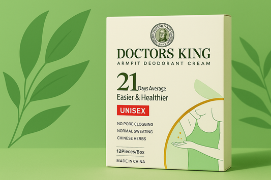 Doctors King Armpit Deodorant Cream box displayed on a soft green background with subtle leaf graphics, highlighting its natural, unisex, 21-day freshness formula made with Chinese herbs.