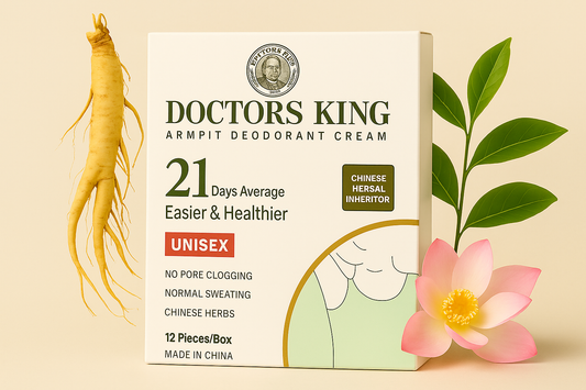 Doctors King Armpit Deodorant Cream featured image showing full product box with herbal elements — ginseng root, lotus flower, and green leaves — on a beige background