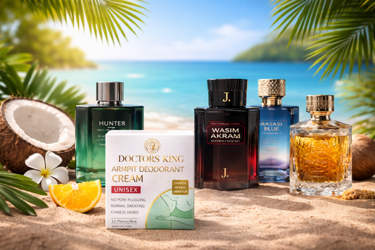 Doctors King armpit deodorant cream placed with men’s summer perfumes on a beach setting representing long-lasting odor control and fragrance in Pakistan