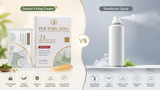 Doctor’s King underarm cream sachet and box compared with a generic deodorant spray to show the difference between cream-based underarm care and spray-based freshness.