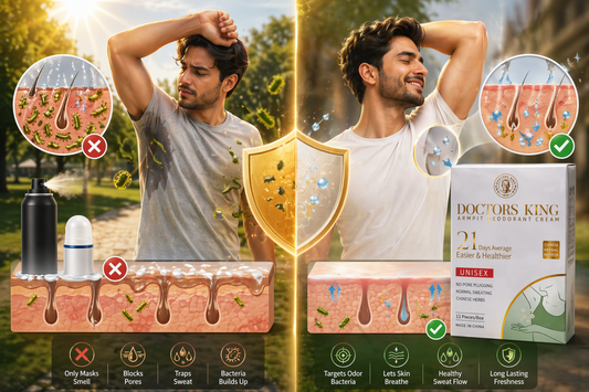 Split comparison showing a man sweating in hot summer with bacteria buildup using regular deodorant on one side, and a fresh, confident man using Doctors King cream on the other side with clean sweat and odor control.